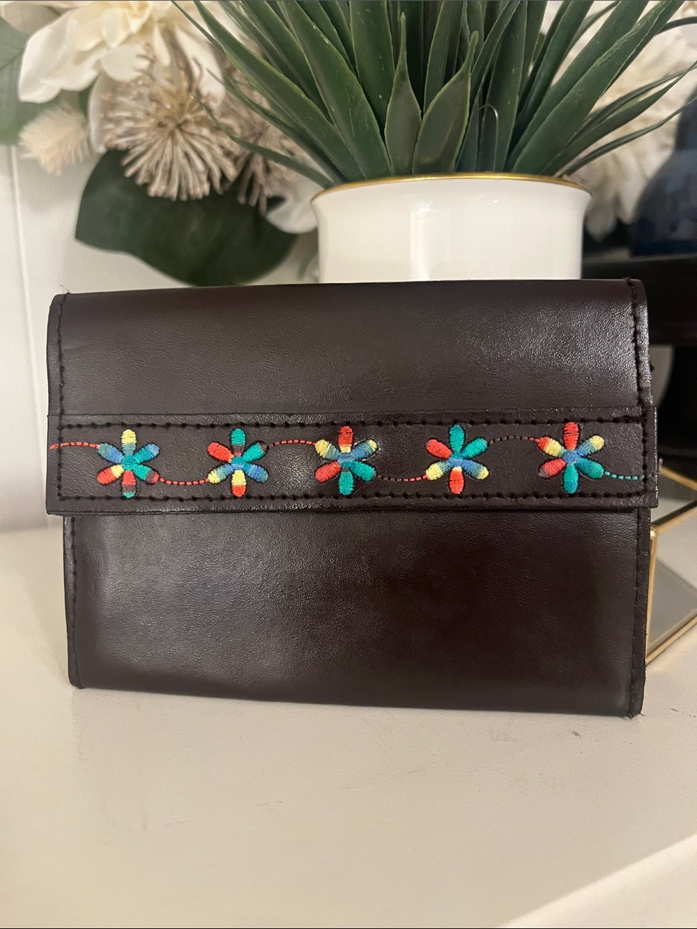 Artisan Leather Women's Belt wallet with Colorful Floral Embroidery - Brown